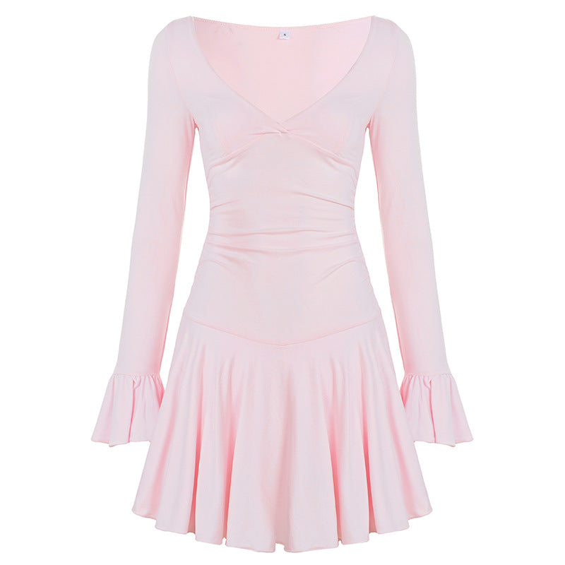 Women’s fitted V-neck skater dress with ruched waist and flutter sleeves Mune Fashion