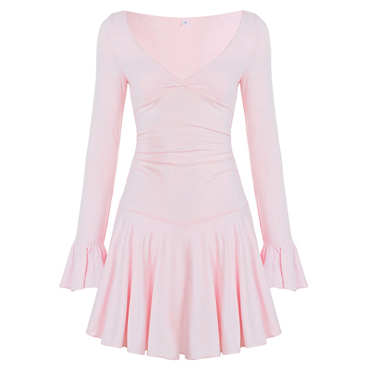 Women’s fitted V-neck skater dress with ruched waist and flutter sleeves Mune Fashion