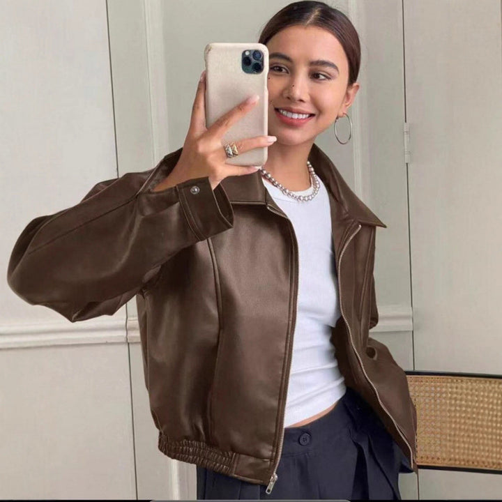 Women's Oversized Leather Jacket in Bomber Style with Elastic Hem Mune Fashion