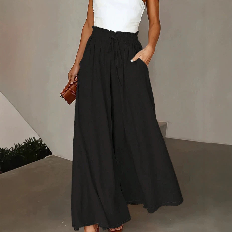 Women's Wide Maxipalazzo Pants with Paperbag Waist, Drawstring and Side Pockets Drune