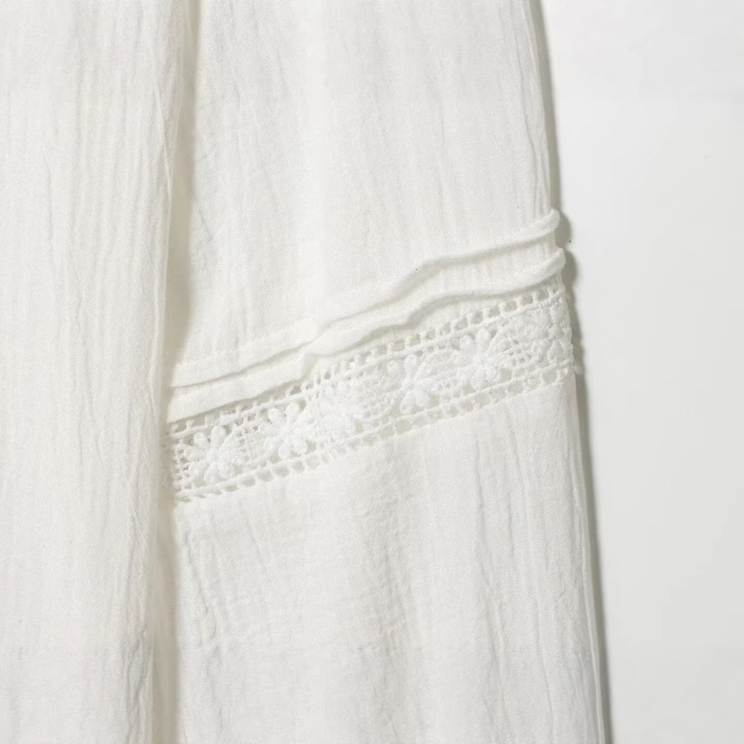 Women's Elegant Cotton Blend Blouse with Lace Yoke, Concealed Button Placket and Wide Balloon Sleeves Mune Fashion