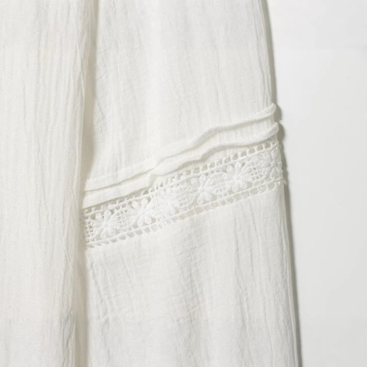 Women's Elegant Cotton Blend Blouse with Lace Yoke, Concealed Button Placket and Wide Balloon Sleeves Mune Fashion