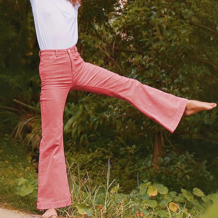 Women High-Waisted Flared Trousers with Wide Leg and Stretch Waistband Mune Fashion