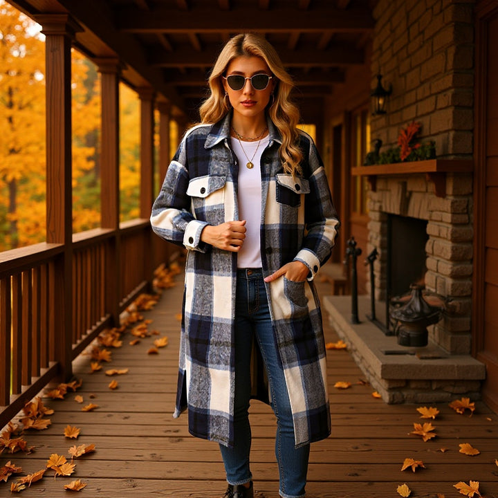 Women's Longline Check Shirt Jacket with Patch Pockets Mune Fashion
