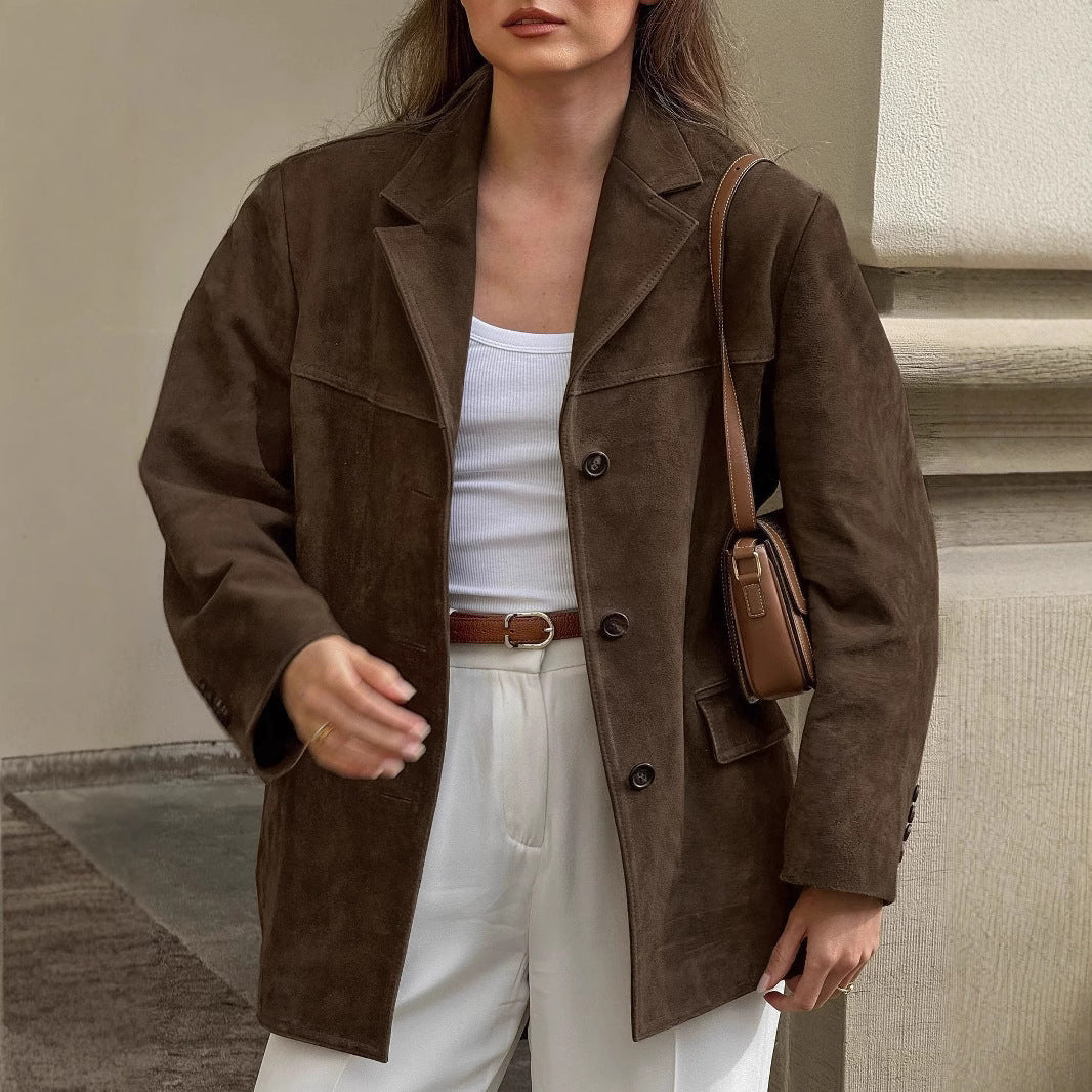 Women Oversized Suede Blazer with Lapels and Flap Pockets Mune Fashion