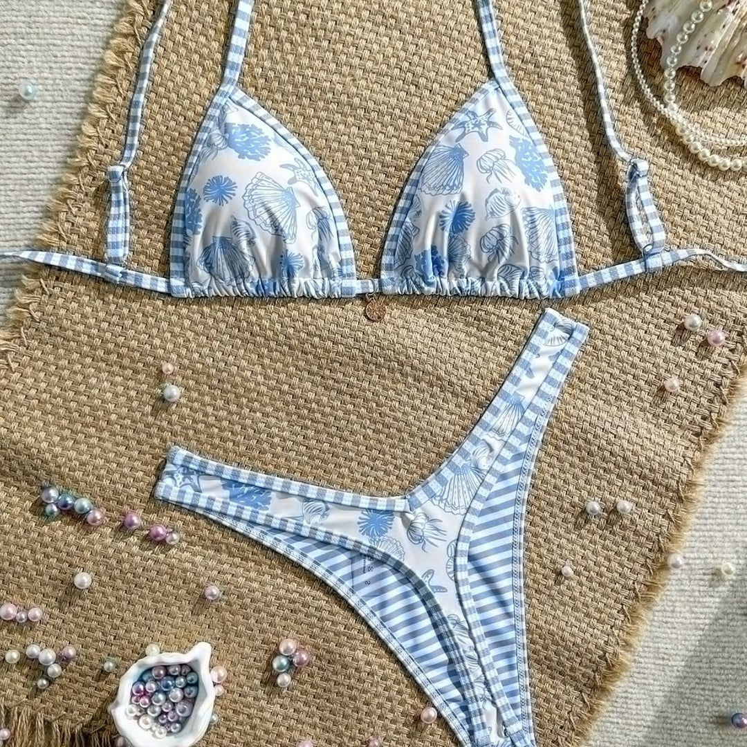 Women Triangle Bikini with Ruffle Details and Check Pattern Mune Fashion