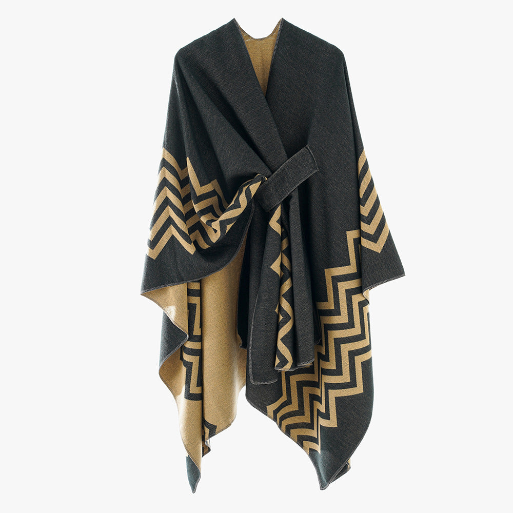 Women's Oversize Rectangle Cape with Jacquard Zigzag Pattern and Ties Belt Mune Fashion
