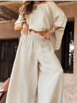 Women's Lightweight Linen Two-Piece with Cropped Oversized Top and Smocked Waist Palazzo Pants Mune Fashion