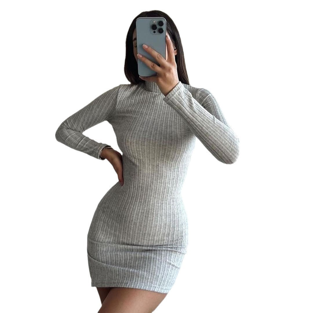 Women's Slim-Fitting Ribbed Knit Mini Dress with Turtleneck and Long Sleeves Mune Fashion