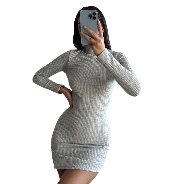 Women's Slim-Fitting Ribbed Knit Mini Dress with Turtleneck and Long Sleeves Mune Fashion