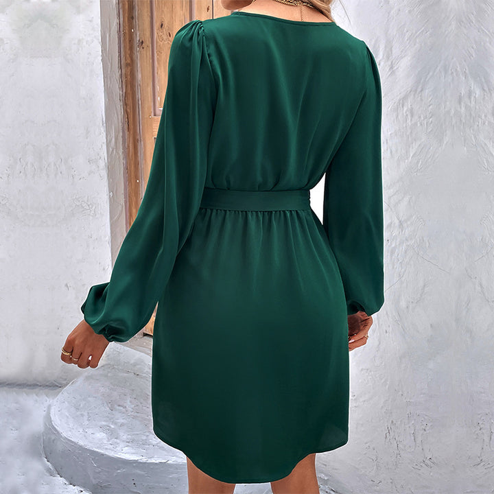Women's V-neck dress with tie belt, button placket & balloon sleeves Mune Fashion