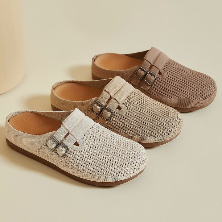 Women's knitted clog mule with double metal buckle, breathable 3D knitted upper and ergonomic memory footbed Mune Fashion