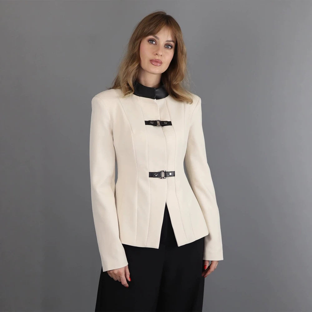 Women's Tailored Blazer with Stand-Up Collar, Waist Seams, and Decorative Strap Closures Mune Fashion