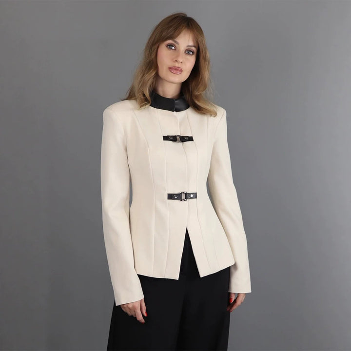 Women's Tailored Blazer with Stand-Up Collar, Waist Seams, and Decorative Strap Closures Mune Fashion