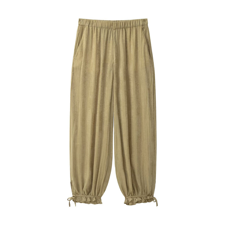 Women's Loose Crinkle Pants with Elastic Waist, Side Pockets and Tie Cuffs Mune Fashion
