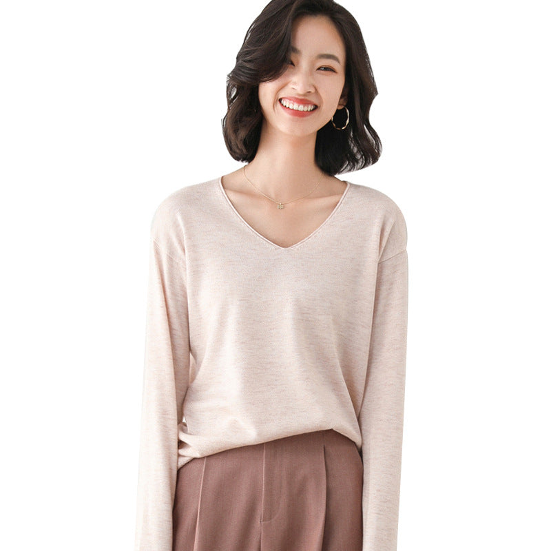 Women Casual Fine Knit V-Neck Sweater with Dropped Shoulders Mune Fashion
