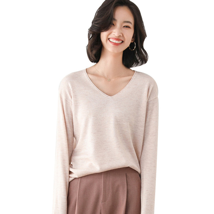 Women Casual Fine Knit V-Neck Sweater with Dropped Shoulders Mune Fashion