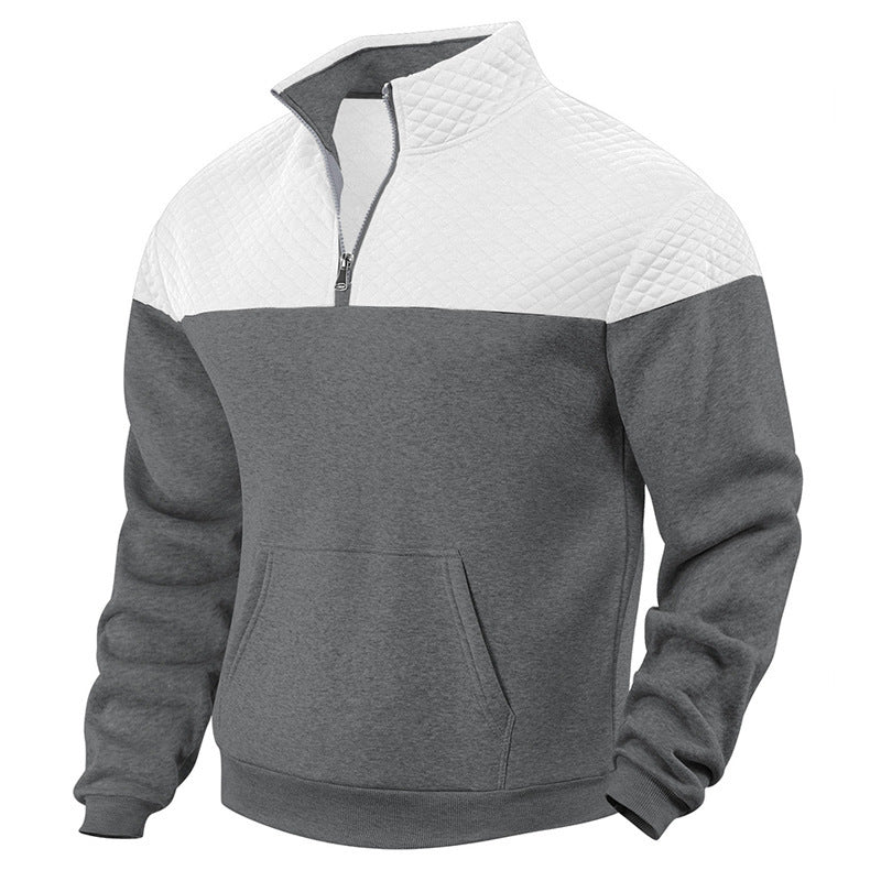 Men's quilted shoulder yoke half-zip sweater with kangaroo pocket and stand collar Mune Fashion