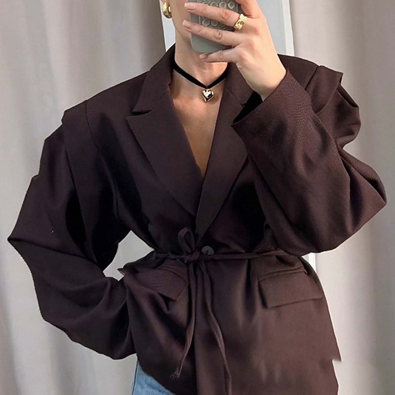 Women fitted floral blazer with belt and lapel collar Mune Fashion