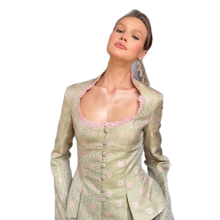 Women's Short-Cut Brocade Bustier with Corset Silhouette, Heart-Shaped Neckline & Decorative Button Placket Mune Fashion
