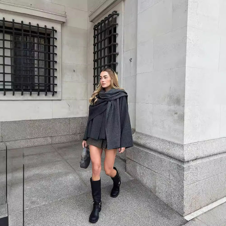 Women's Layered Poncho with Sleeves and Button Collar Mune Fashion