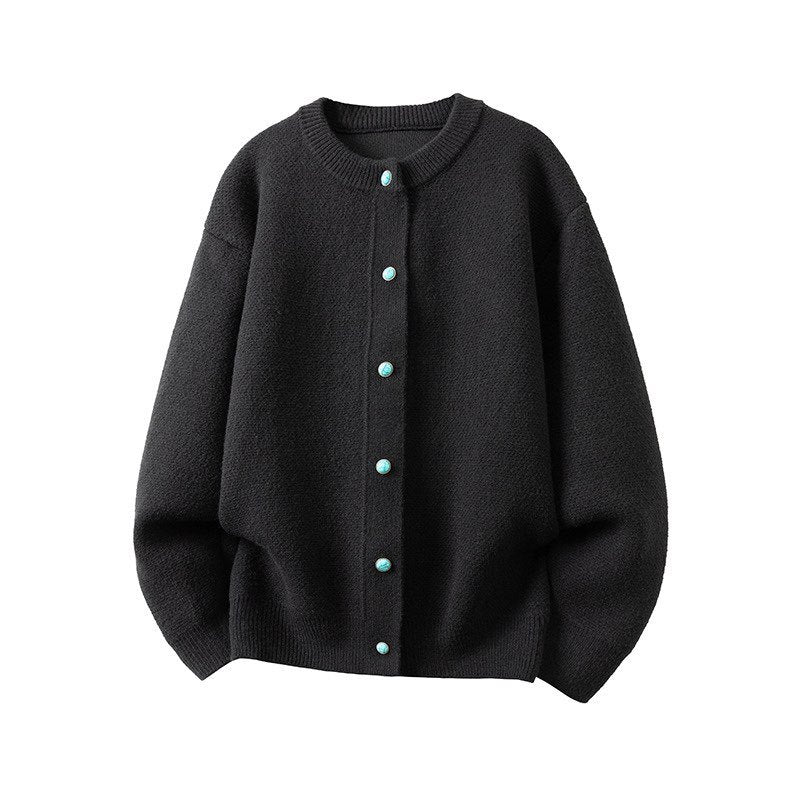 Women's Oversized Cardigan with Round Neck and Contrast Buttons Mune Fashion