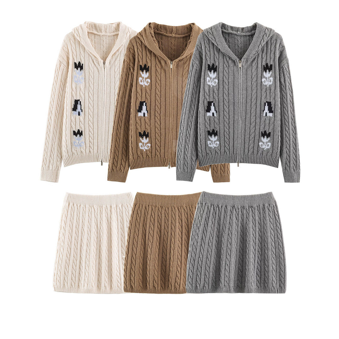 Women's Two-Piece Knit Set with Zipper Hoodie and Short Cable Knit Skirt Mune Fashion