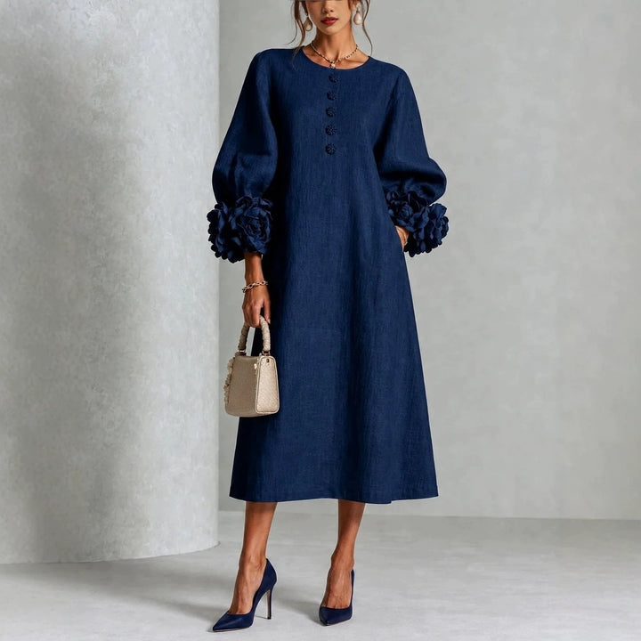 Women's midi dress made of linen with balloon sleeves and 3D flower cuffs Mune Fashion