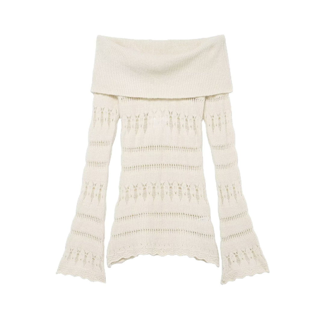 Women's Off-Shoulder Fine Knit Sweater with Folded Roll Neck and Bell Sleeves Mune Fashion