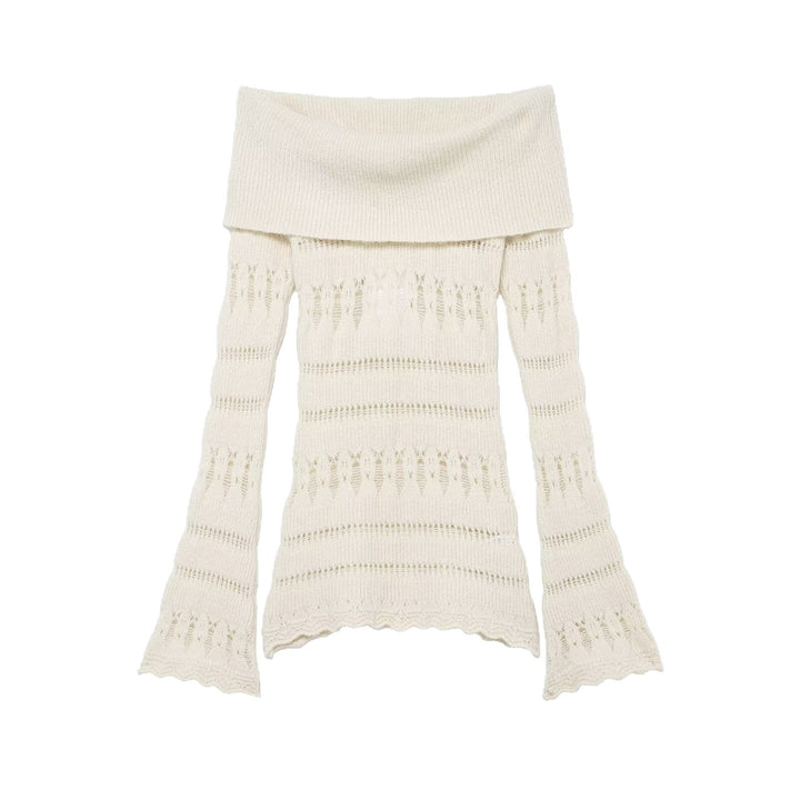Women's Off-Shoulder Fine Knit Sweater with Folded Roll Neck and Bell Sleeves Mune Fashion