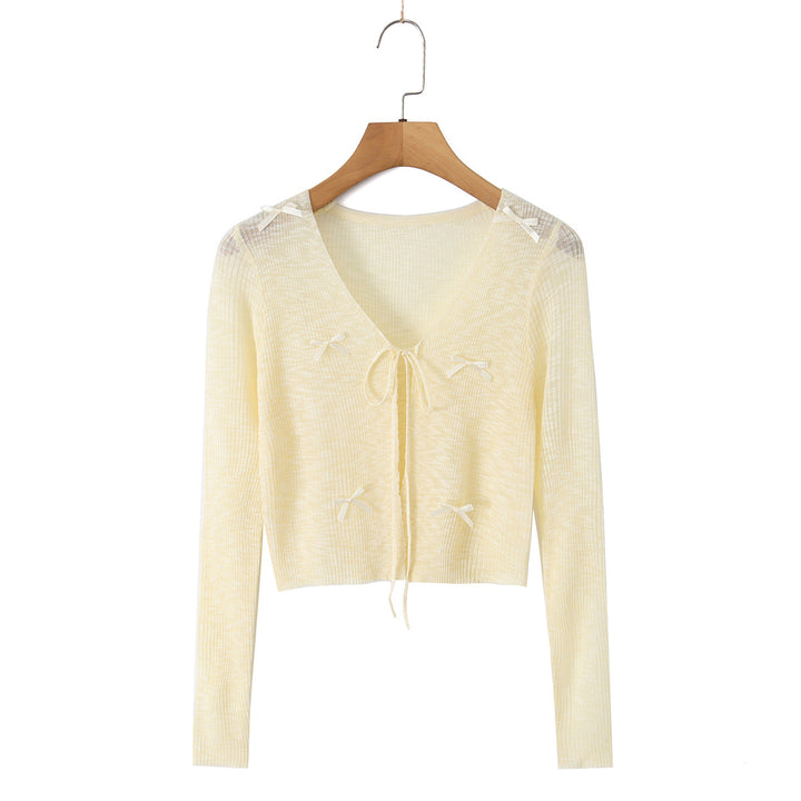 Women Cropped Fine Knit Cardigan with V-Neck, Tie Strap and Decorative Bows Mune Fashion