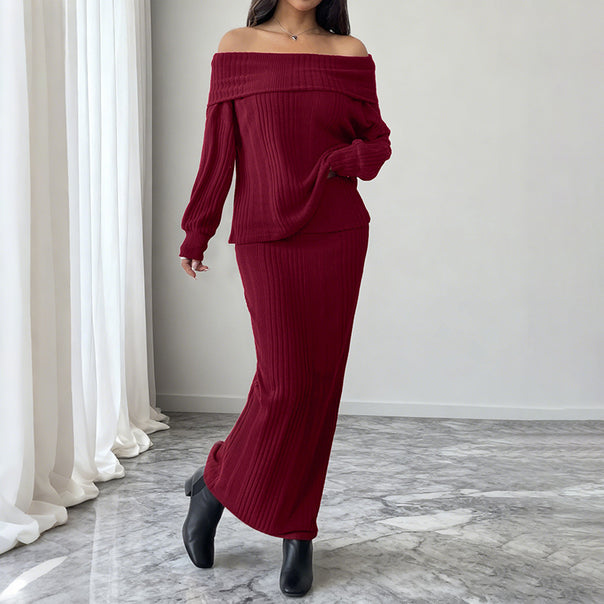 Women's Off-Shoulder Rib Knit Set with Off-Shoulder Top and Form-Fitting Maxi Skirt Mune Fashion