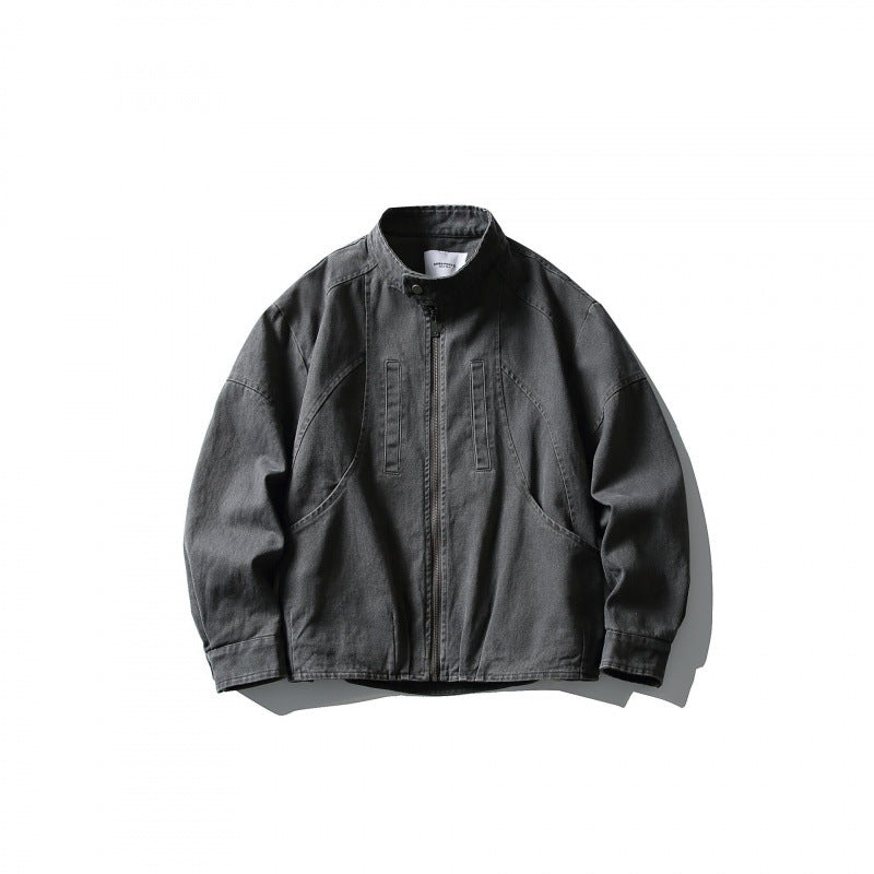 Men's Lightweight Worker Jacket made of Stonewashed Cotton Blend with Stand Collar Mune Fashion