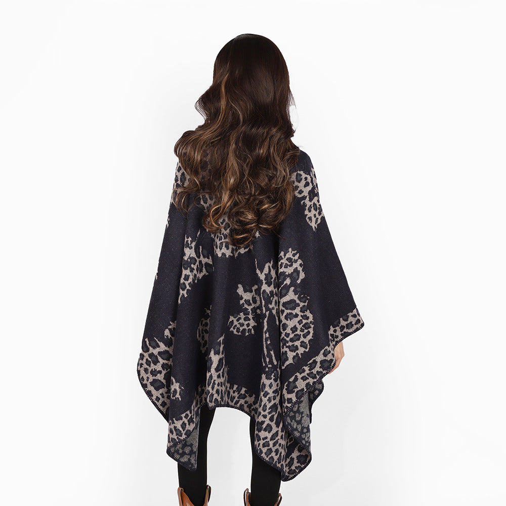 Women's wool look throw with woven leopard jacquard and open pointed edge Mune Fashion
