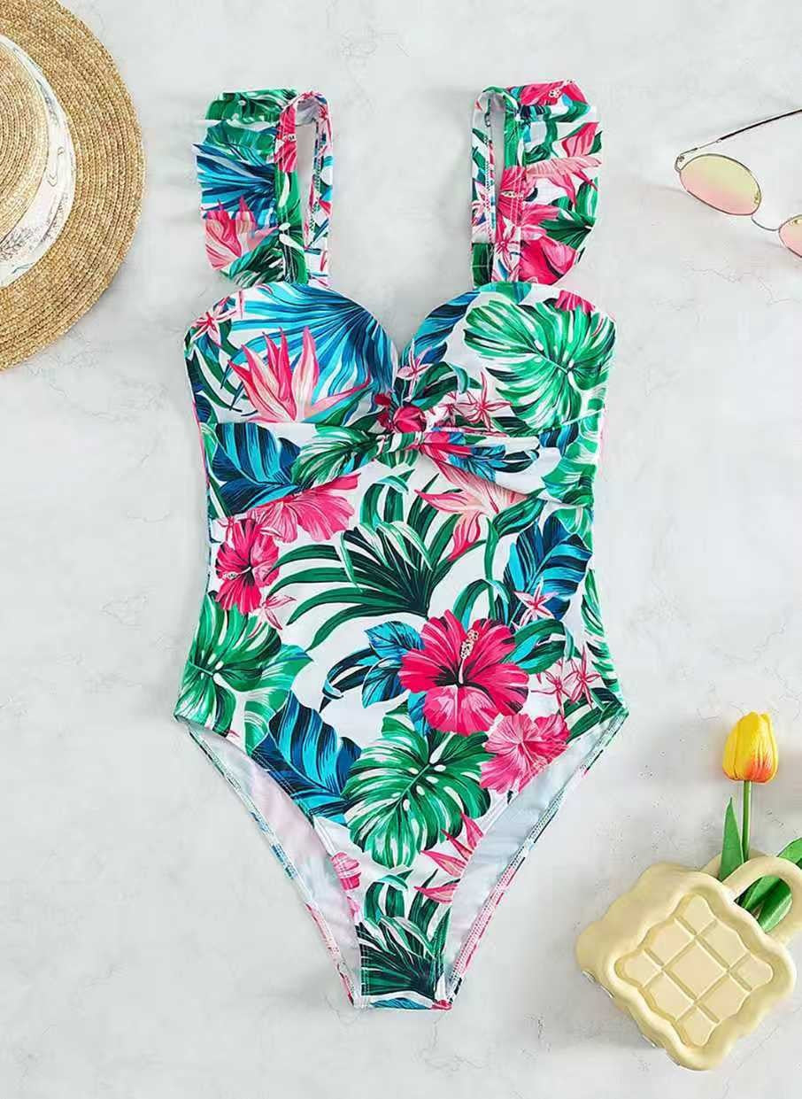 Women's One-Piece Swimsuit with Floral Design and Ruffles Mune Fashion