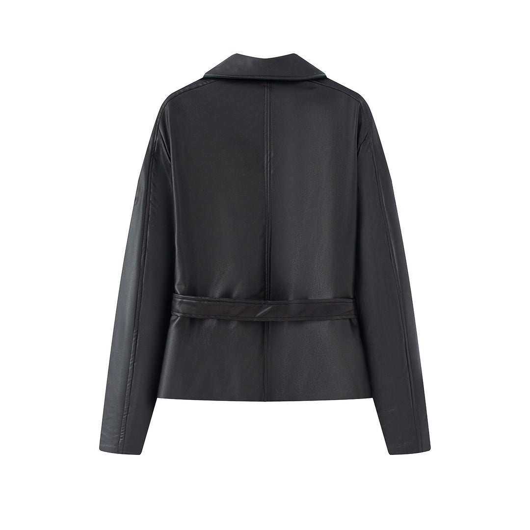 Ladies short-cut trench-style faux leather jacket with tie belt and shoulder patches Mune Fashion
