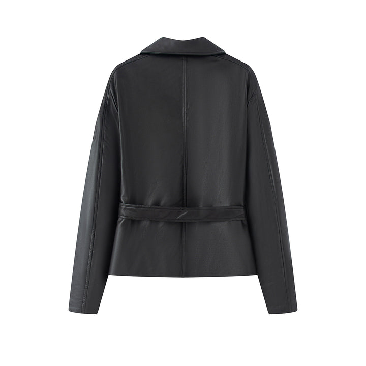 Ladies short-cut trench-style faux leather jacket with tie belt and shoulder patches Mune Fashion