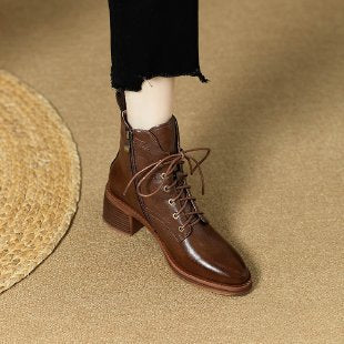 Women Elegant Lace-Up Ankle Boots with Block Heel Mune Fashion