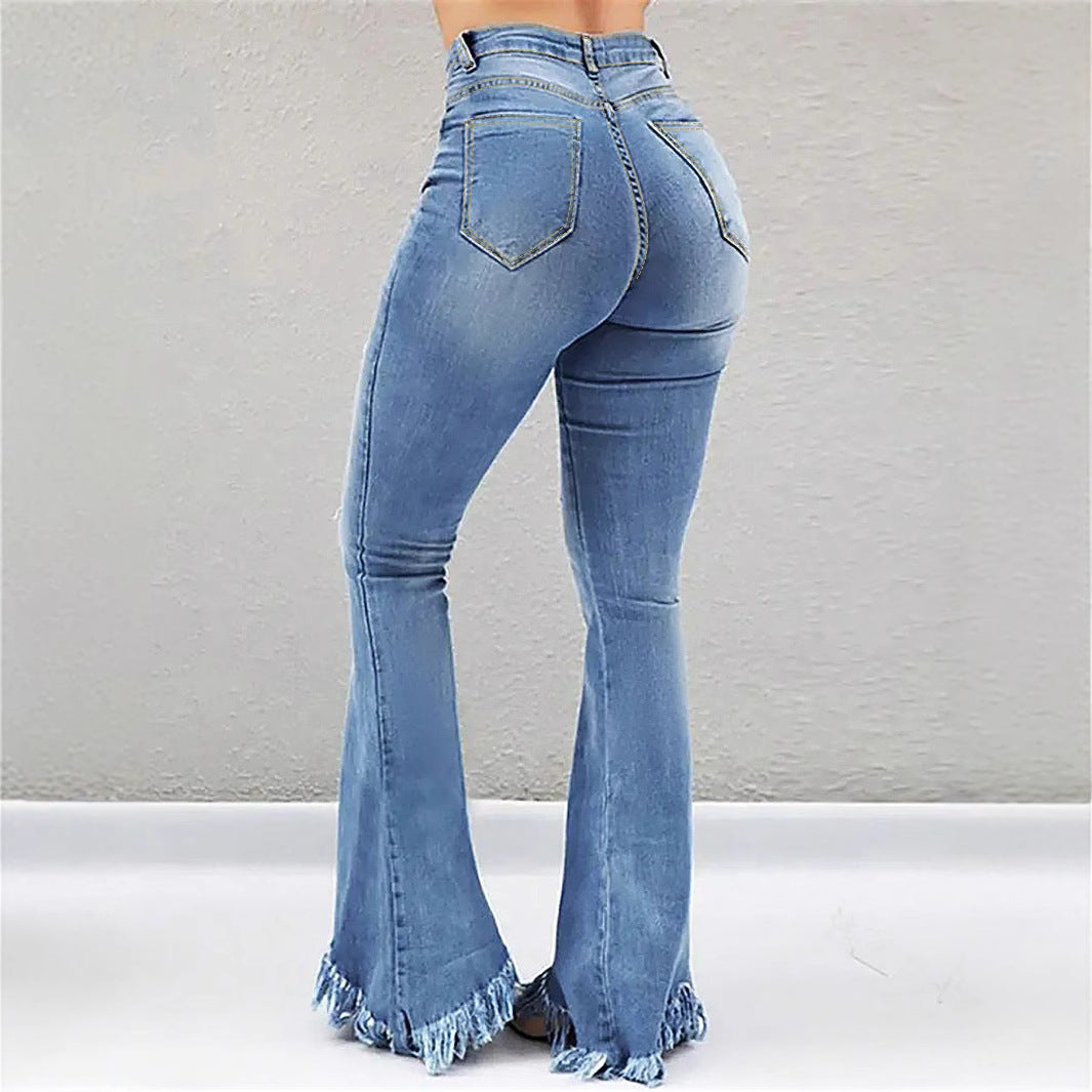 Women High-Waist Flared-Jeans with sculpting cut, destroyed knee parts and frayed ruffle hem Mune Fashion