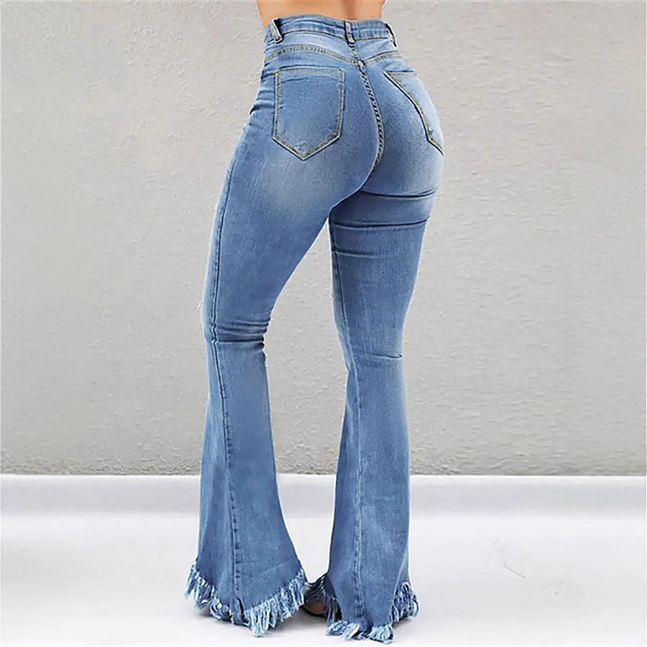Women High-Waist Flared-Jeans with sculpting cut, destroyed knee parts and frayed ruffle hem Mune Fashion