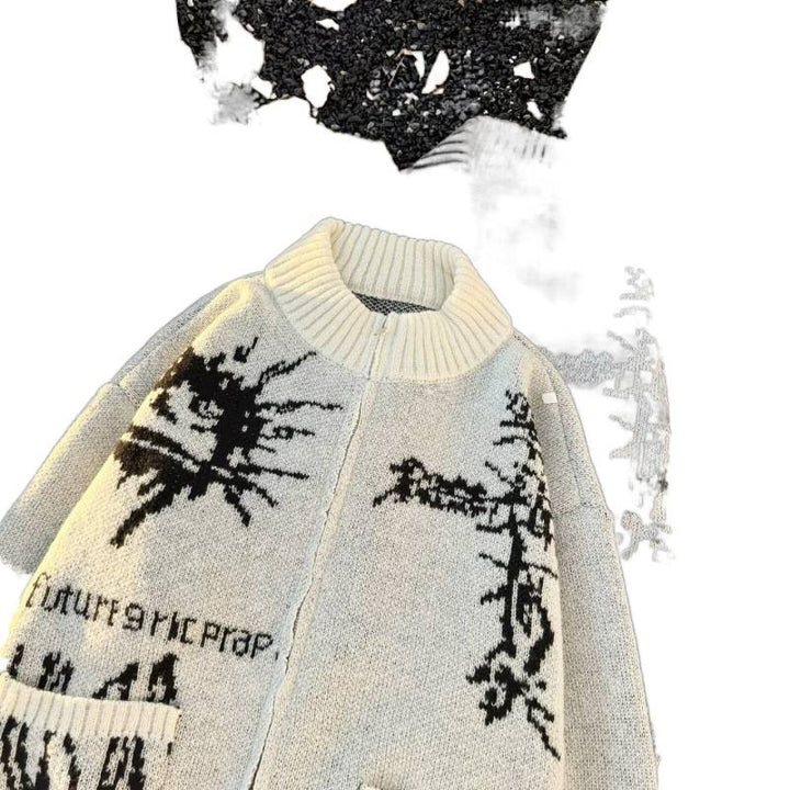 Unisex Chunky Knit Zip Cardigan with High Ribbed Collar, Jacquard Pattern and Patch Pockets Mune Fashion