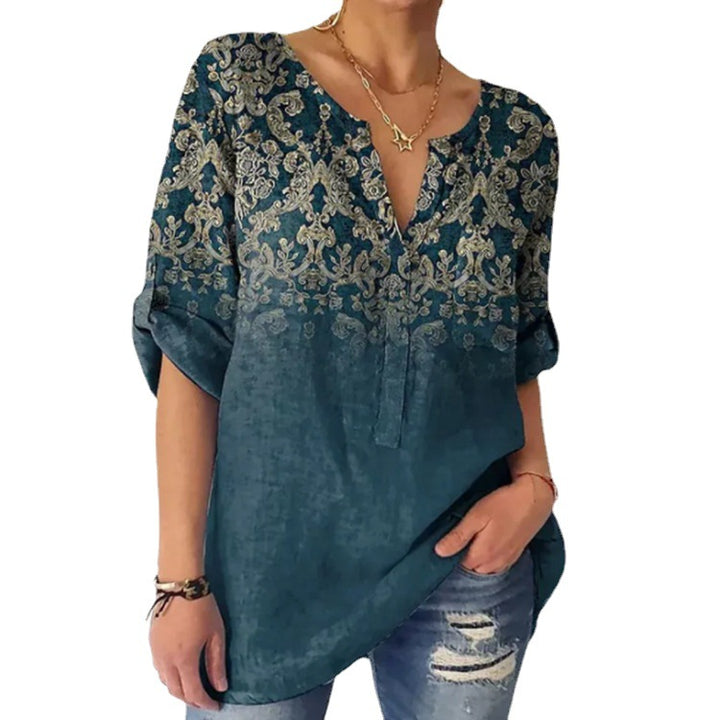 Women's V-neck tunic in linen look with ornamental border print, rolled-up sleeves, and rounded hem Mune Fashion