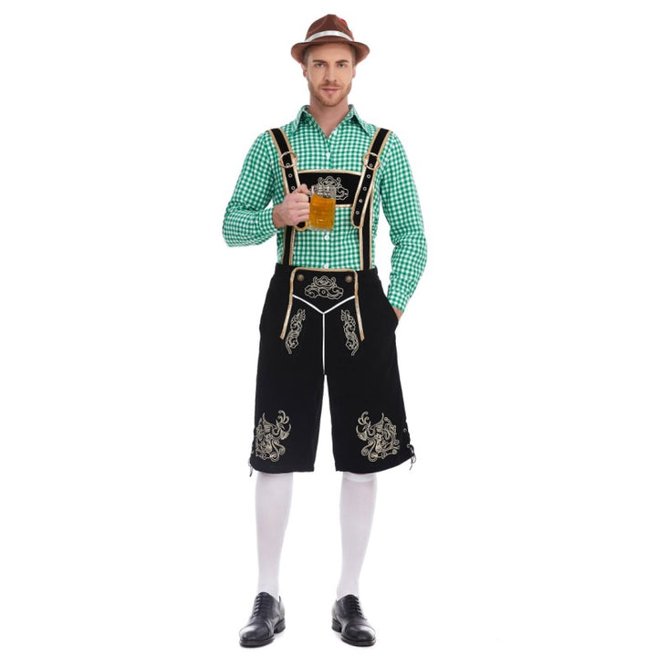 Men's faux-felt leather knee-length pants with baroque embroidery, adjustable straps, and decorative rivets Mune Fashion