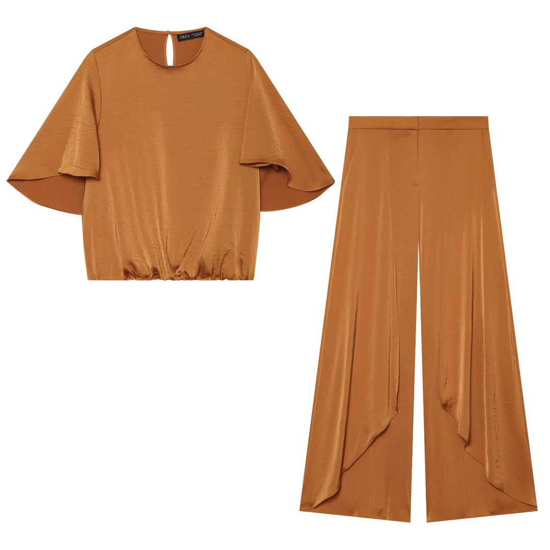 Women's Flowing Satin Pants in Palazzo Cut with Draped Ruffle Panels Mune Fashion