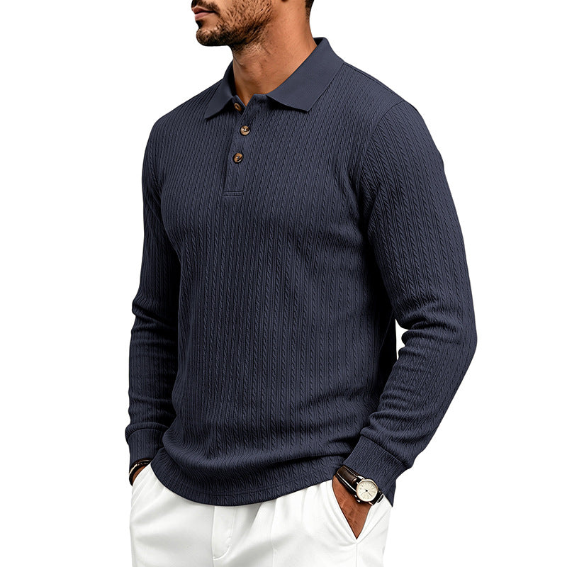 Men's Structured Long Sleeve Polo in Fine Knit with Cable Pattern and Button Placket Mune Fashion