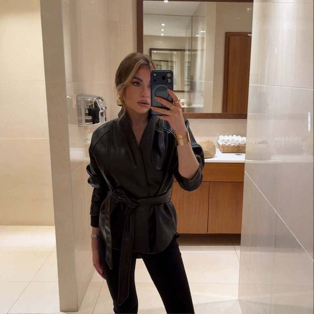 Women's Tailored Leather Jacket with Wrap Belt and Kimono Collar Mune Fashion