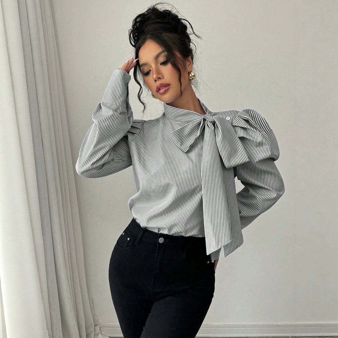 Women's poplin blouse with stand-up collar, large ribbon tie, and balloon sleeves Mune Fashion