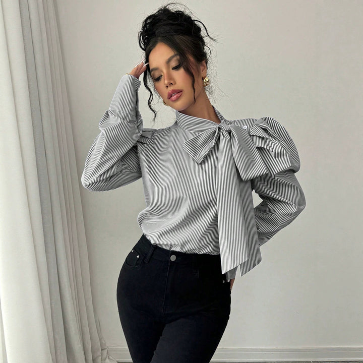 Women's poplin blouse with stand-up collar, large ribbon tie, and balloon sleeves Mune Fashion