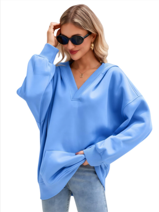 Women's Oversized V-Neck Hoodie with Hood, Kangaroo Pocket and Extended Hem Mune Fashion
