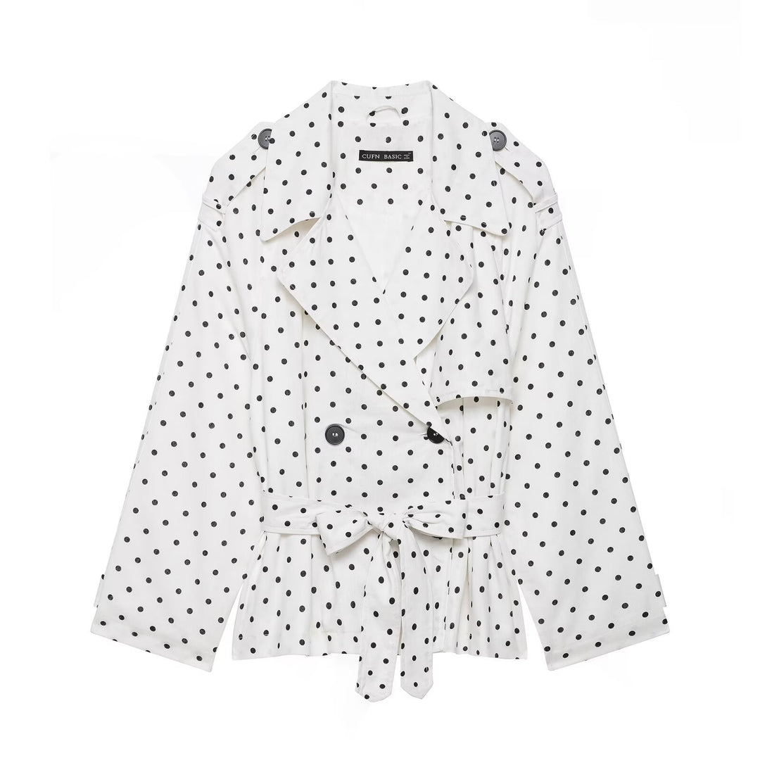 Women Polka Dot Cropped Trench Coat with Tie Belt Mune Fashion